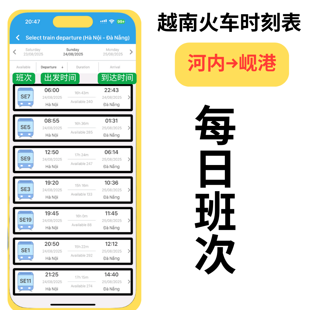 河内↔岘港时刻表(越南火车)