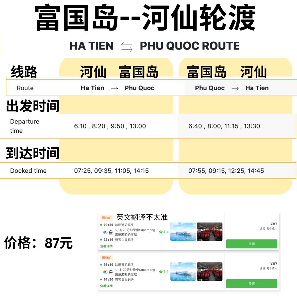 河仙↔富国岛轮渡时刻表（越南轮渡）