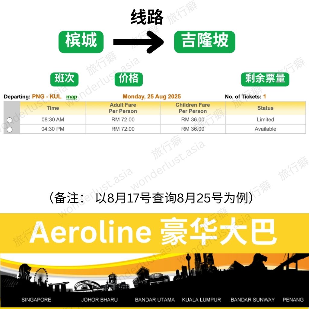 槟城↔吉隆坡Aeroline豪华巴士时刻表